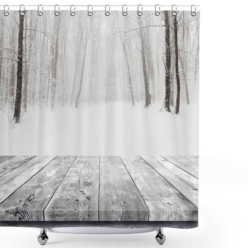 Personality  Wooden Table Over Winter Snow Covered Forest. Beauty Nature Background Shower Curtains