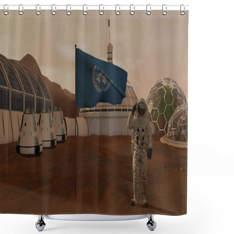 Personality  3D Rendering. Colony On Mars. Astronaut Saluting The UN Flag. Exploring Mission To Mars. Futuristic Colonization And Space Exploration Concept. Shower Curtains