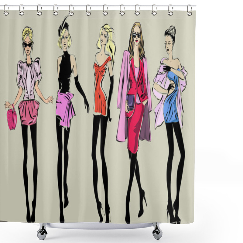 Personality  Street Fashion Woman Models In Sketch Style Shower Curtains