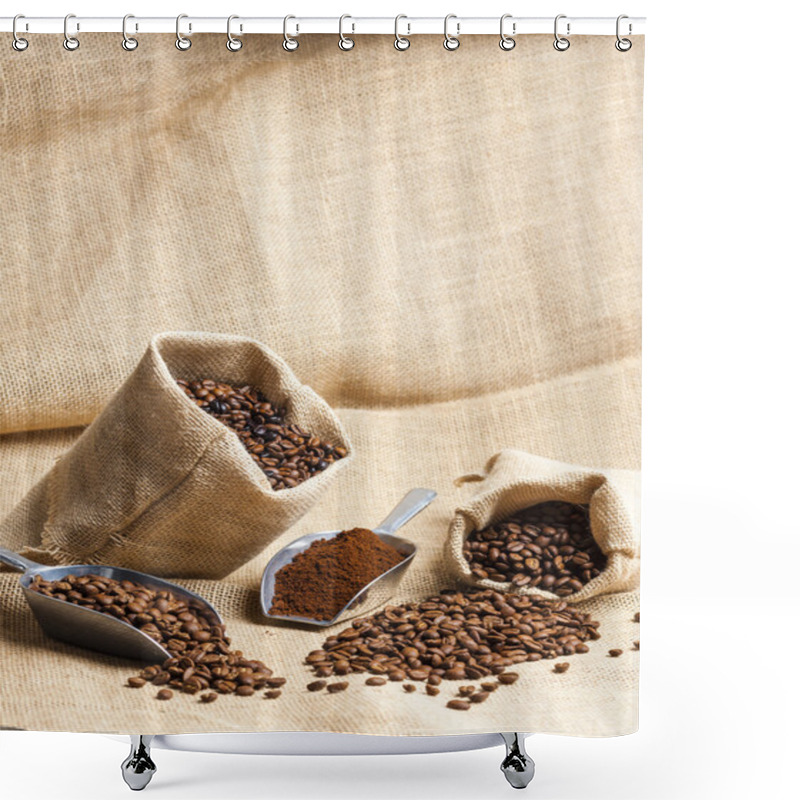 Personality  Still Life Of Coffee Beans In Jute Bags Shower Curtains