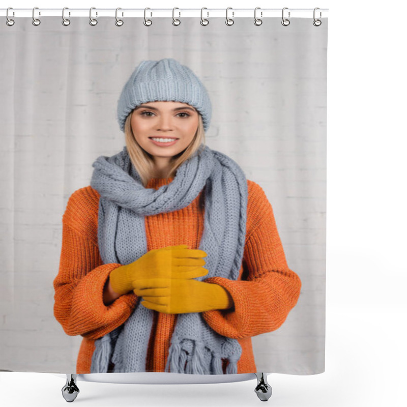 Personality  Young Woman In Warm Hat, Knitted Sweater And Gloves Looking At Camera On White Background Shower Curtains