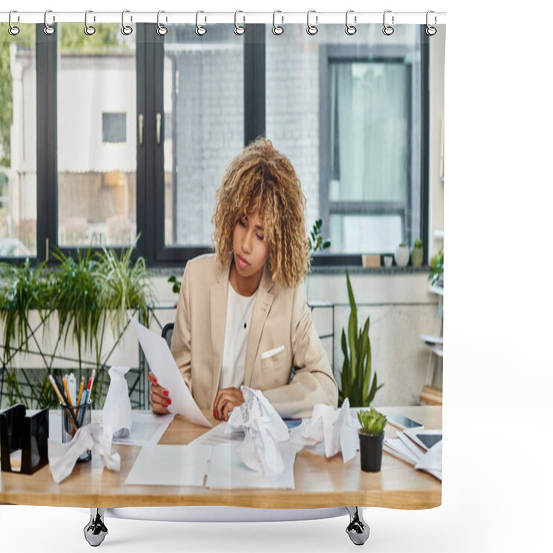 Personality  Curly African American Businesswoman At Her Desk And Looking At Document Near Crumpled Papers Shower Curtains