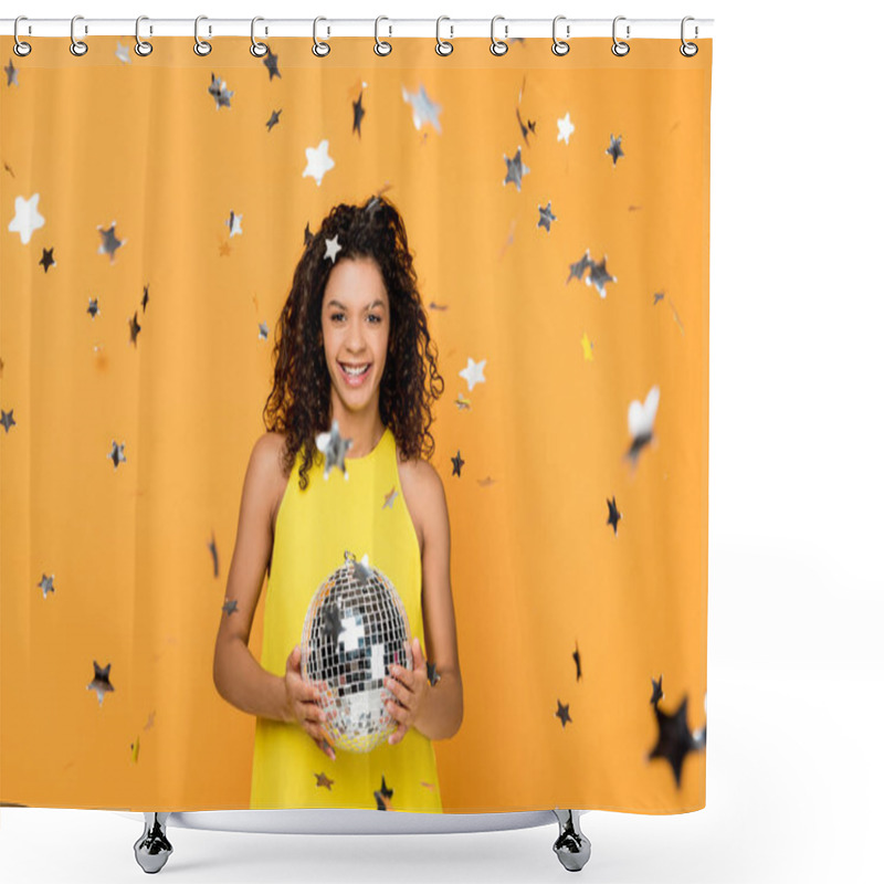 Personality  Selective Focus Of Attractive Curly African American Girl Holding Disco Ball Near Shiny Confetti Stars On Orange  Shower Curtains