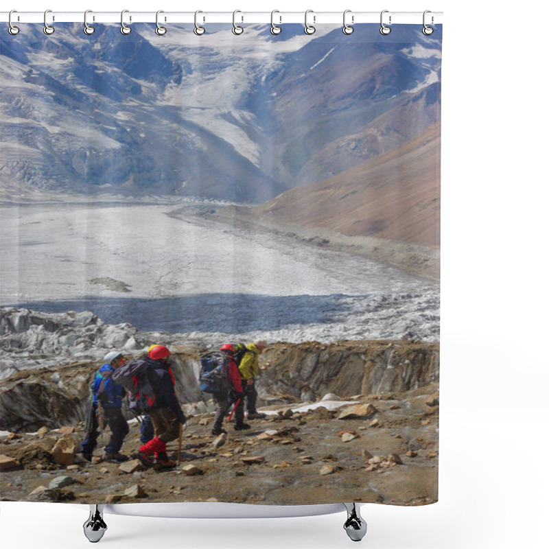 Personality  Travelers Hiking In Snowy Mountains, Russian Federation, Caucasus, July 2012 Shower Curtains