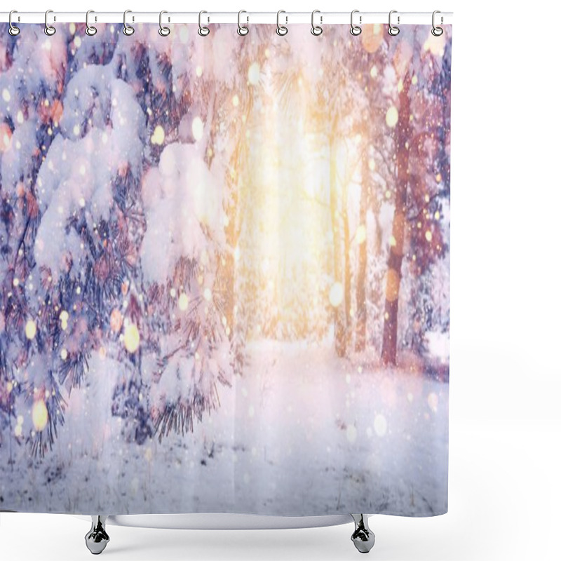 Personality  Bright Magic Glow In Christmas Forest. Winter Background. Glowing Snowflakes Fall On Snowy Trees And Snow. Winter Landscape At Sunrise In Morning. Shower Curtains