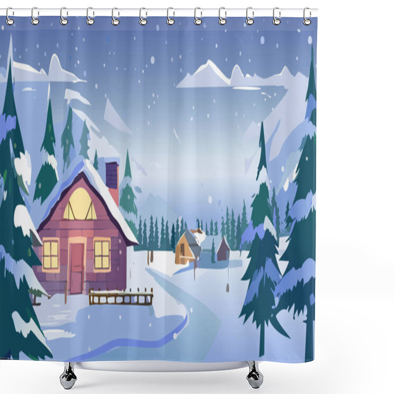 Personality  Winter Landscape With A Wooden House In The Forest. Vector Illustration. Shower Curtains