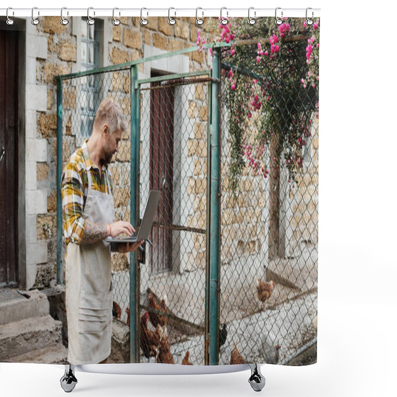 Personality  Handsome Bearded Man In Casual Attire Using Laptop To Analyze His Chickens In Enclosure On Farm Shower Curtains