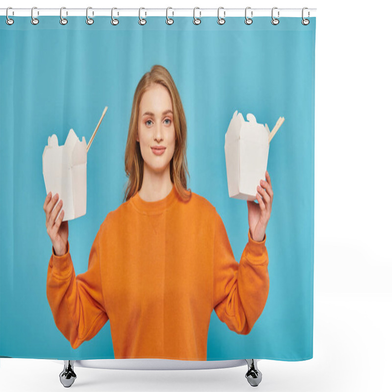 Personality  A Woman Holds Two Boxes Of Asian Food In Front Of Her Face Shower Curtains