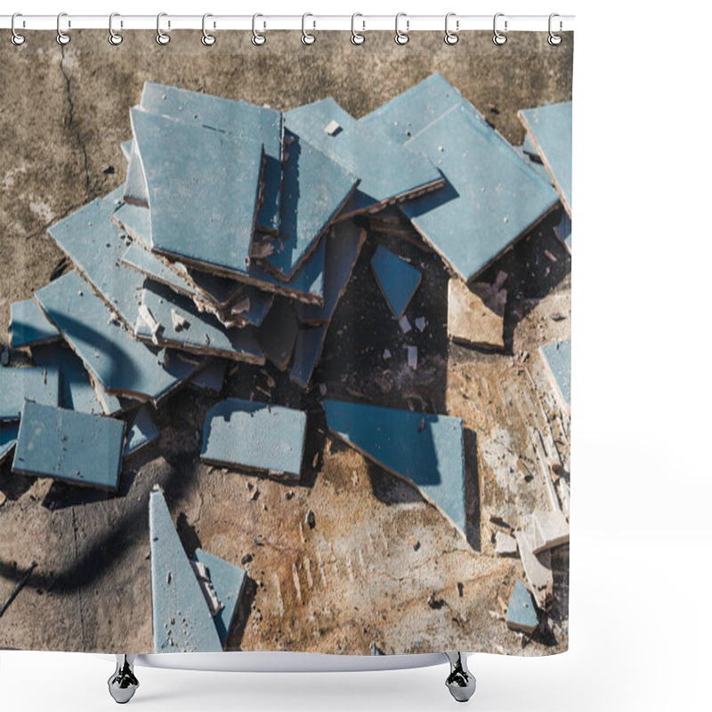 Personality  Blue Outdoor Tiles Getting Ripped Up To Reveal Concrete Paving Underneath, Concept Of Demolition Or Renovation And Home Improvement Shower Curtains