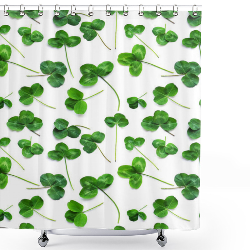 Personality  Close-up Photo Of Green Shamrock Clover Leaves Set Isolated On White Background Shower Curtains