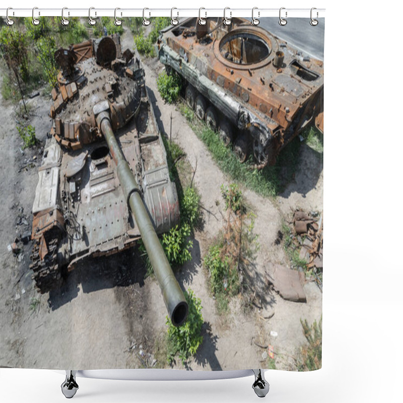 Personality  This Stock Photo Shows An Aerial View Of Destroyed Military Equipment In Ukraine Shower Curtains