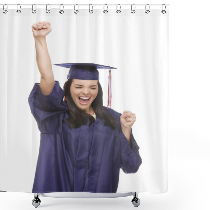 Personality  Excited Mixed Race Graduate In Cap And Gown Cheering Shower Curtains