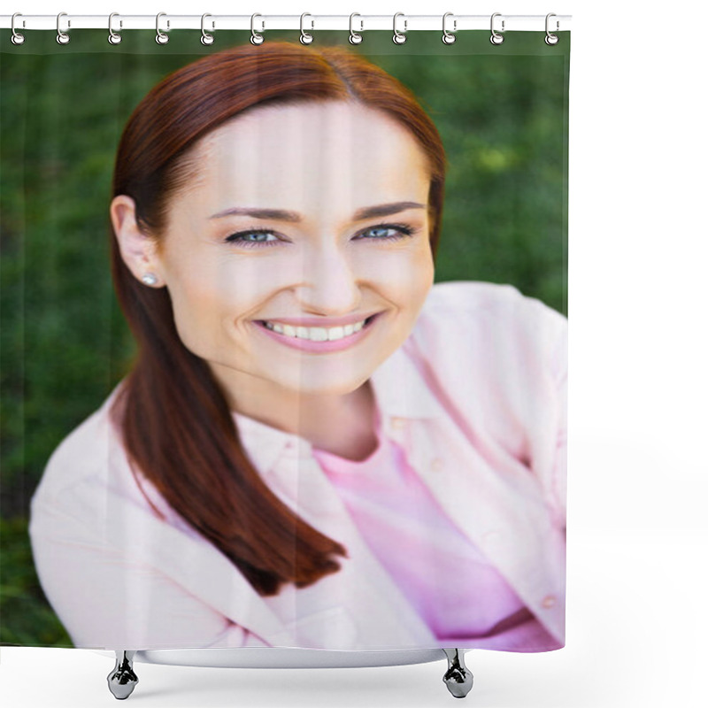 Personality  High Angle View Of Attractive Smiling Redhair Woman In Pink Shirt Looking At Camera In Park Shower Curtains