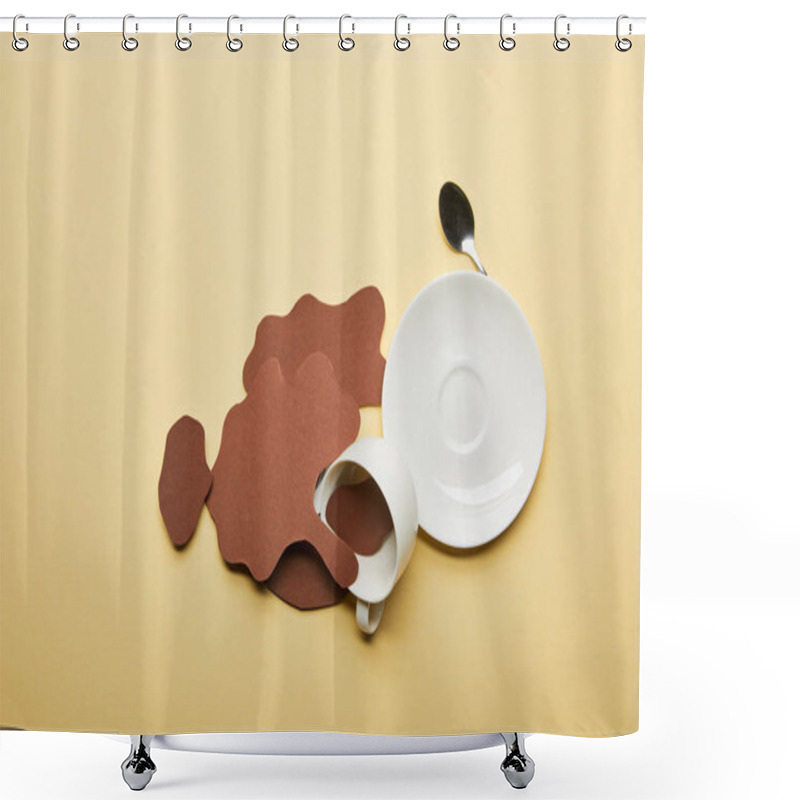 Personality  Top View Of Paper Cut Coffee Spills Near Cup, Saucer And Spoon On Beige Background With Copy Space Shower Curtains