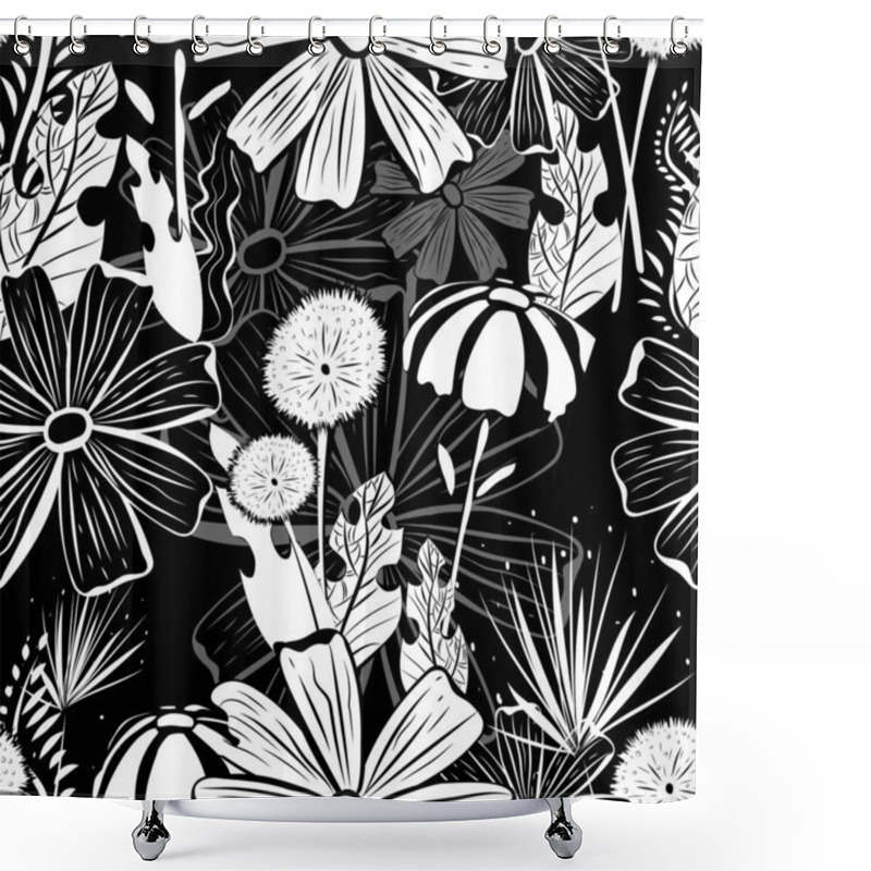 Personality  Floral Background. Wildflowers, Leaves, Stems On A Black Background. Summer Endless Illustration. Shower Curtains