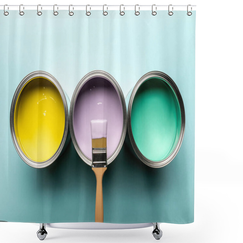 Personality  Top View Of Three Tins With Paints And Brush On Blue Surface Shower Curtains