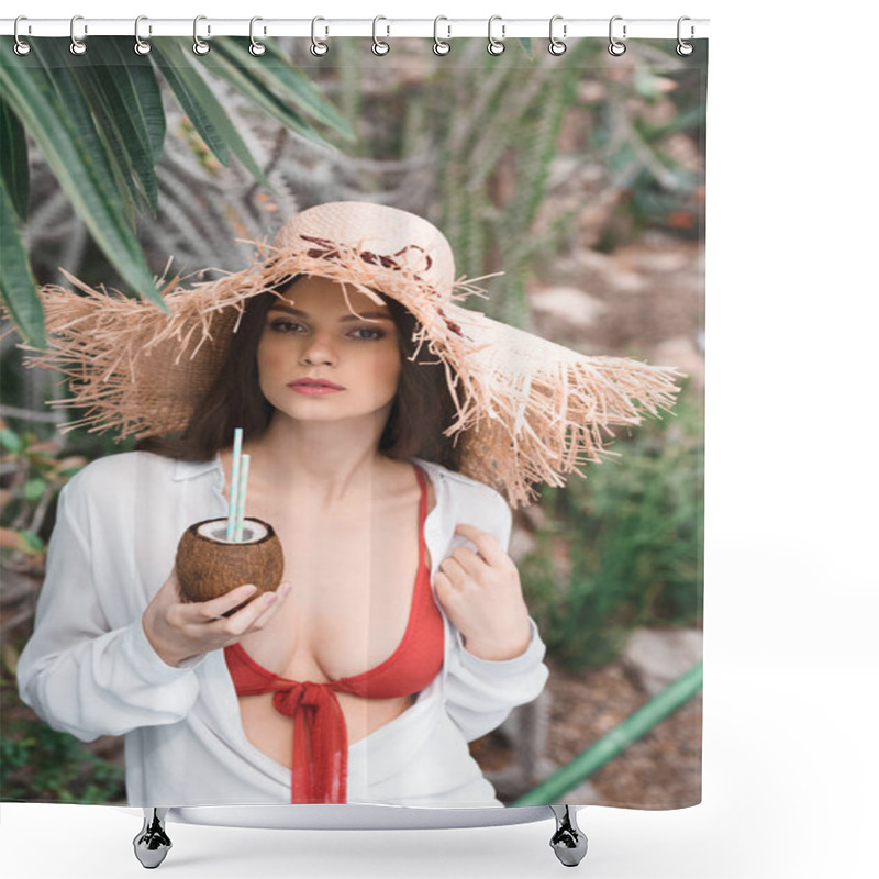 Personality  Beautiful Girl In Summer Outfit And Straw Hat Posing With Coconut Cocktail Shower Curtains