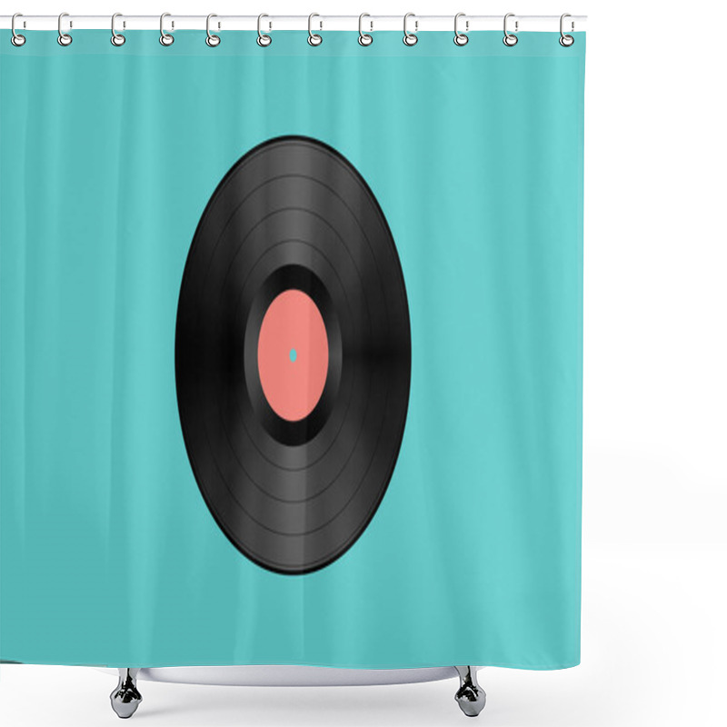 Personality  Vector Illustration Of A Phonograph Or Gramophone Vinyl Record With Modulated Spiral Groove And A Salmon Colored Empty Label. The Disc Is Isolated On A Teal Background. Shower Curtains