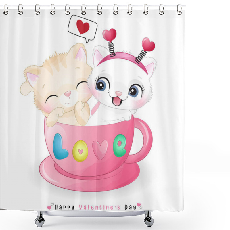 Personality  Cute Doodle Kitty For Valentine's Day Shower Curtains