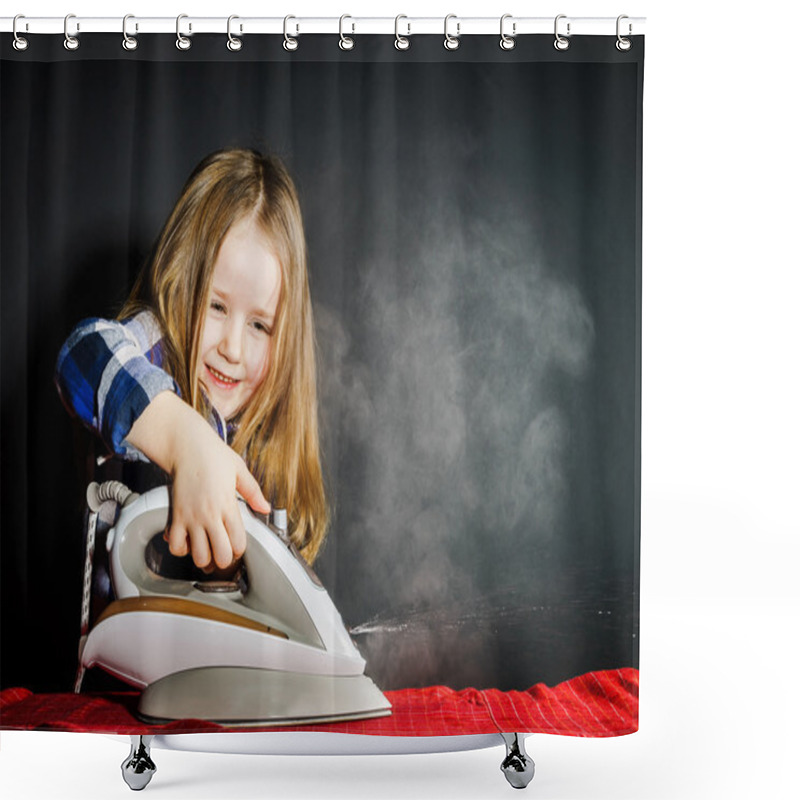 Personality  Cute Little Girl Helping Your Mother By Ironing Clothes, Contras Shower Curtains