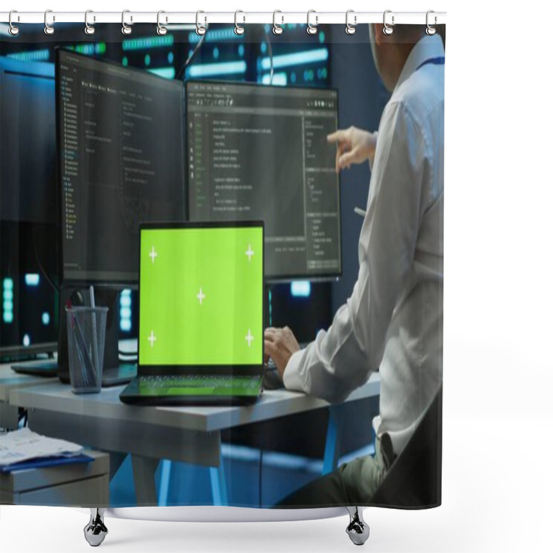 Personality  Zoom In On Green Screen Laptop Used By Data Center Worker Troubleshooting Issues. Engineer Uses Chroma Key Notebook In Server Hub, Establishing Performance Benchmarks, Camera A Shower Curtains