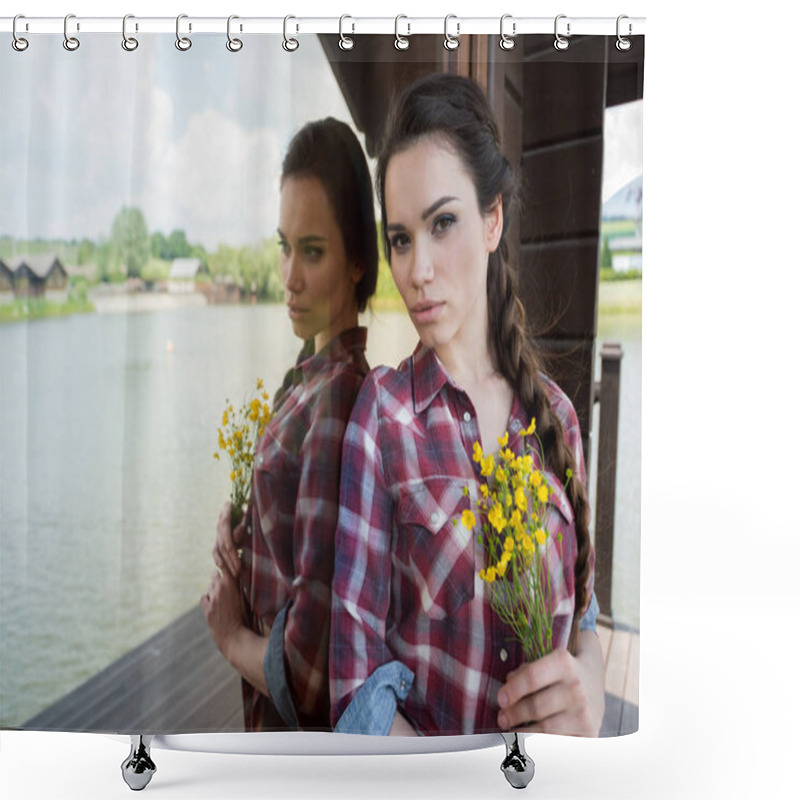 Personality  Beautiful Girl Holding Bouquet Of Wildflowers Shower Curtains