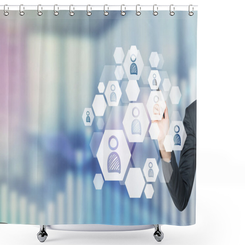 Personality  A Concept Of Recruitment Process. A Hand Is Choosing The Right Icon As A Concept Of The Right Candidate. Office View In Blur. Shower Curtains