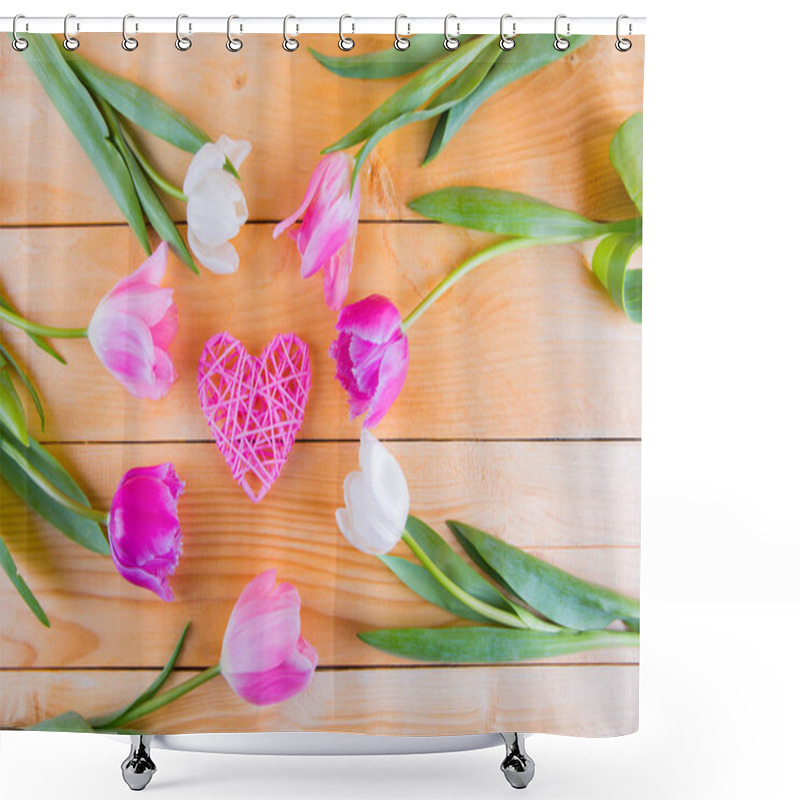 Personality  Bouquet Of Tender Pink Tulips With Wicker Heart On Light Wooden  Shower Curtains