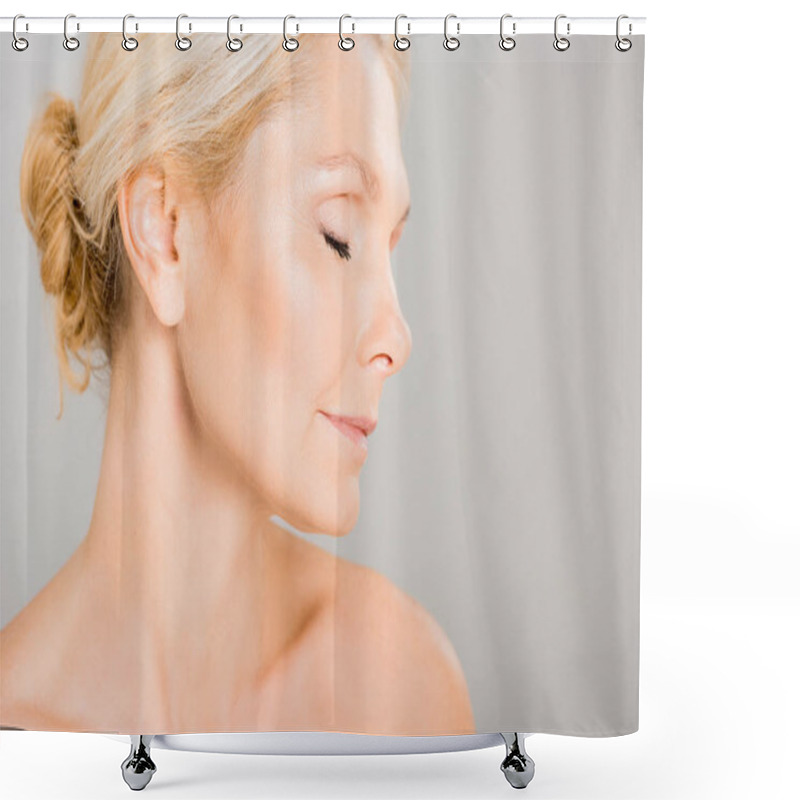 Personality  Side View Of Attractive And Blonde Mature Woman With Closed Eyes Isolated On Grey  Shower Curtains