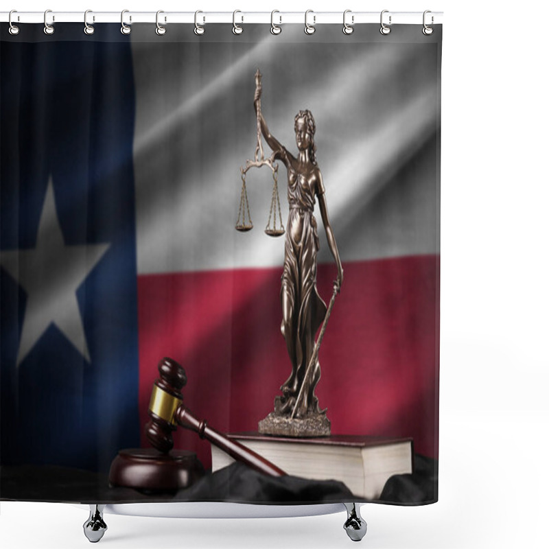 Personality  Texas US State Flag With Statue Of Lady Justice, Constitution And Judge Hammer On Black Drapery. Concept Of Judgement And Punishment Shower Curtains