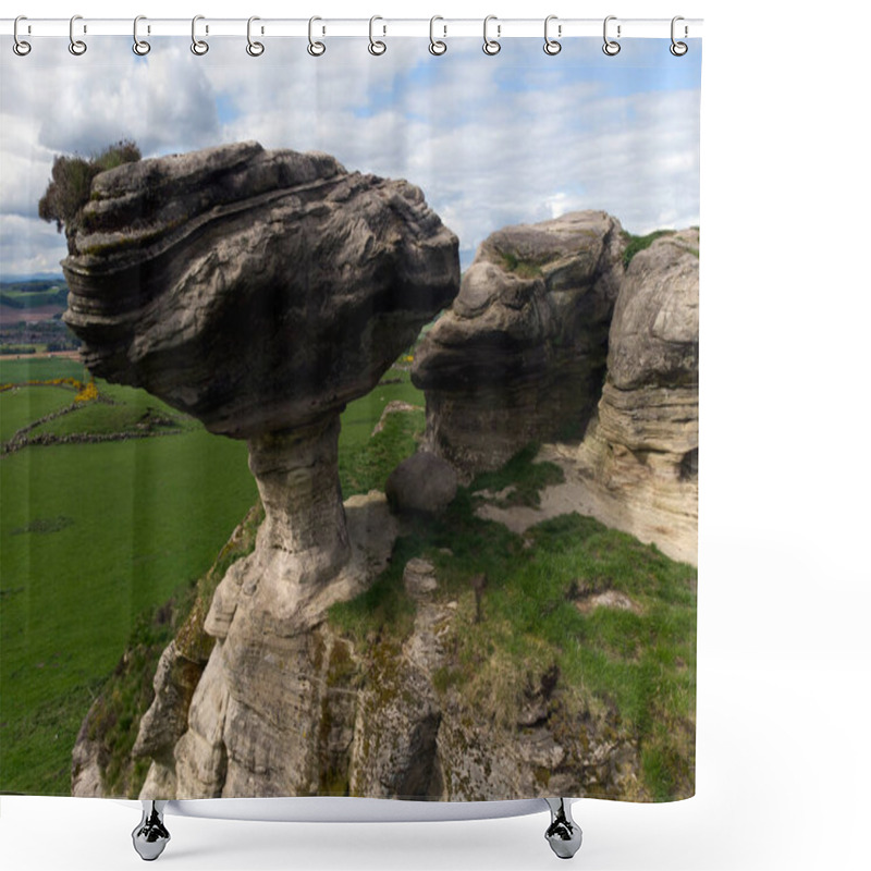 Personality  The Bunnet Stane Is A Rock Formation Near The Hamlet Of Gateside In Fife, At The Foot Of West Lomond. It Sits Upon One Of The Calciferous Sandstone Outcrops Of The Old Red Sandstone Suie That Exist Around The Base Of The Lomond Hills. Scotland. U.K. Shower Curtains