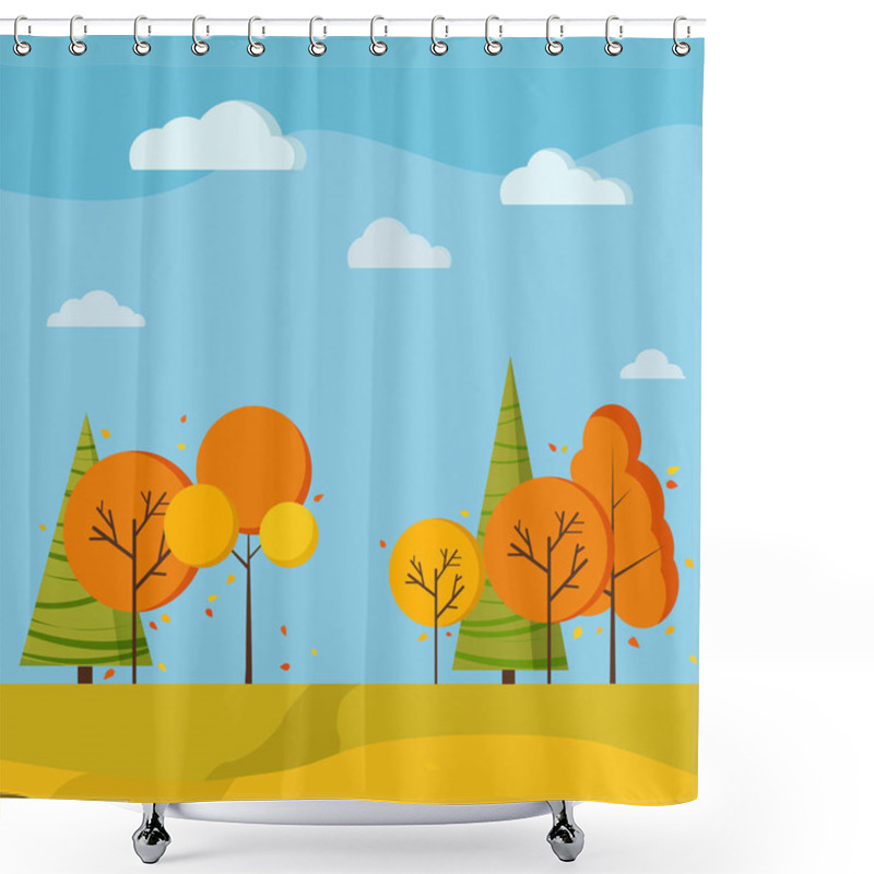 Personality  Autumn Scenic Field Landscape Background With Yellow And Orange Trees, Spruces, Fields, River, Clouds, Birds Crane Wedge In Cartoon Style. Cute Vector Flat Design Nature Background Illustration. Shower Curtains