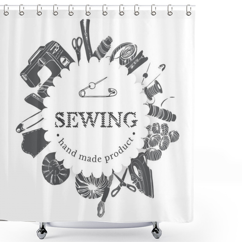 Personality  Circle Composition With Inverted  Items For Sewing. Hand Drawn Monochrome Sketch Of Different Elements Isolated On White Background. Shower Curtains