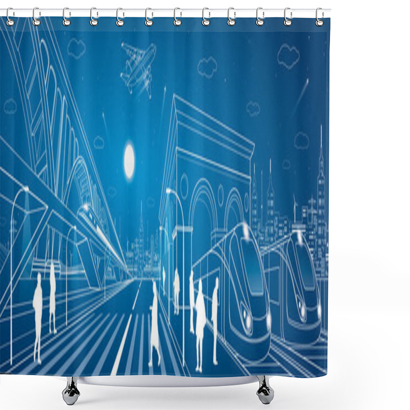 Personality  Railway Station, Big Bridge, Train Move On The Bridge, People Waiting For The Train On Square, Industrial And Transport Panorama, Metro, City Road, Airplane Fly, Vector Design Art Shower Curtains