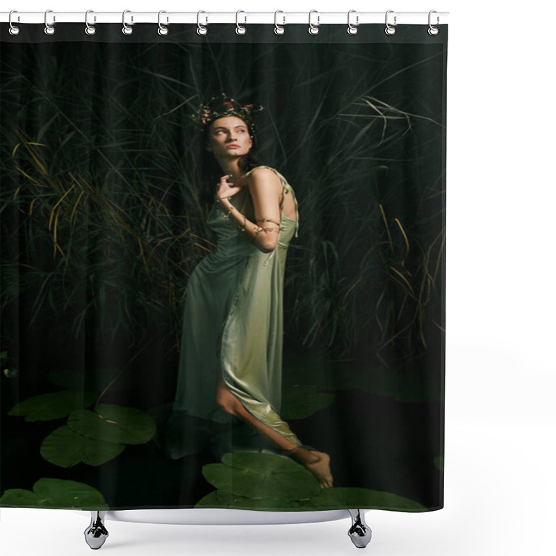 Personality  A Woman Wearing A Green Dress Poses Near A Swamp At Dusk. Shower Curtains