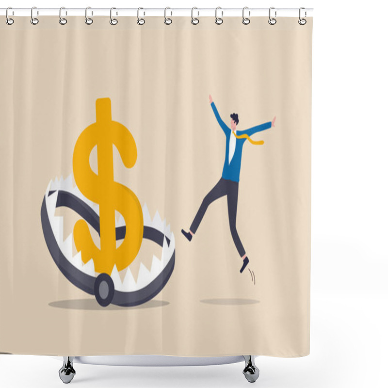 Personality  Financial Money Trap, Risk In Investment, Ponzi Scheme Or Business Pitfall Concept, Businessman Investor Running And Jumping Into Lore Money Pitfall Or Mouse Trap With Big Money Dollar Sign Bait. Shower Curtains