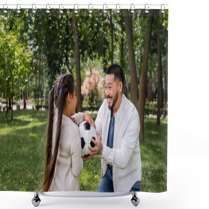 Personality  Positive Asian Man Holding Ball Near Daughter In Park  Shower Curtains