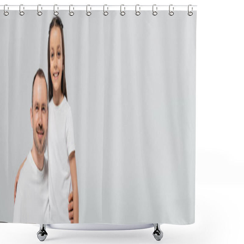 Personality  Unshaved And Cheerful Father With Bristle Hugging Happy Preteen Daughter With Long Brunette Hair While Posing In White T-shirts And Looking At Camera On Grey Background, Child`s Protection Day, Banner Shower Curtains