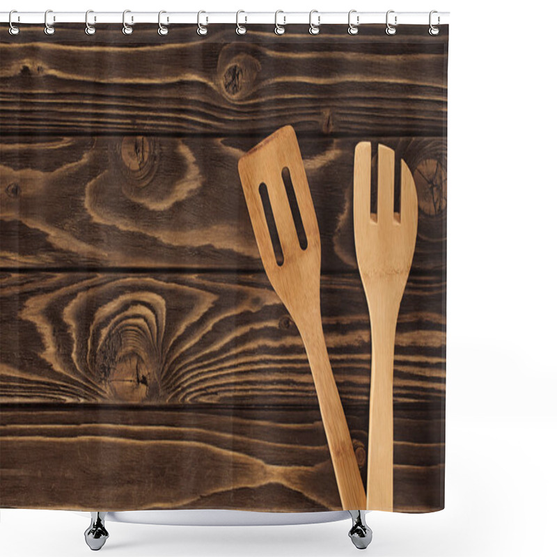 Personality  Elevated View Of Two Different Wooden Spatulas On Table  Shower Curtains