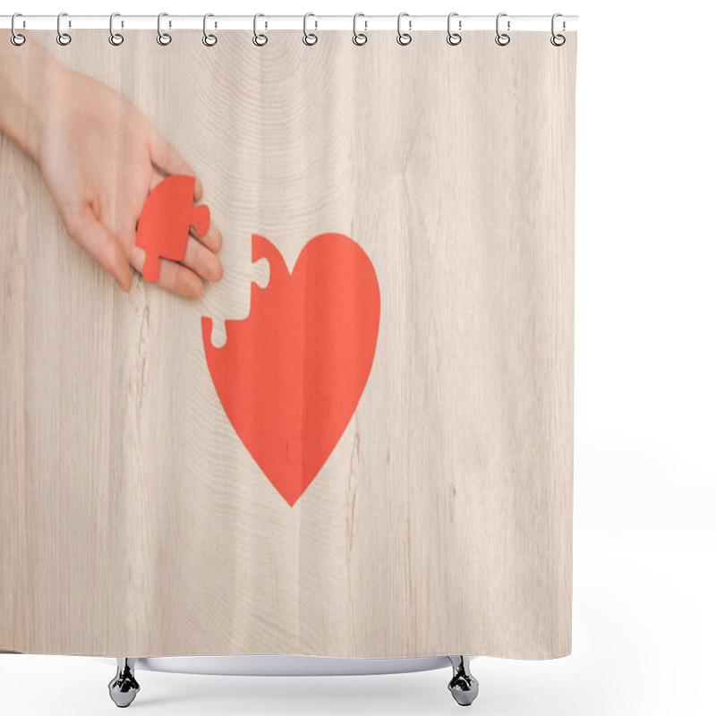 Personality  Partial View Of Woman Holding Puzzle Of Heart On Wooden Background  Shower Curtains