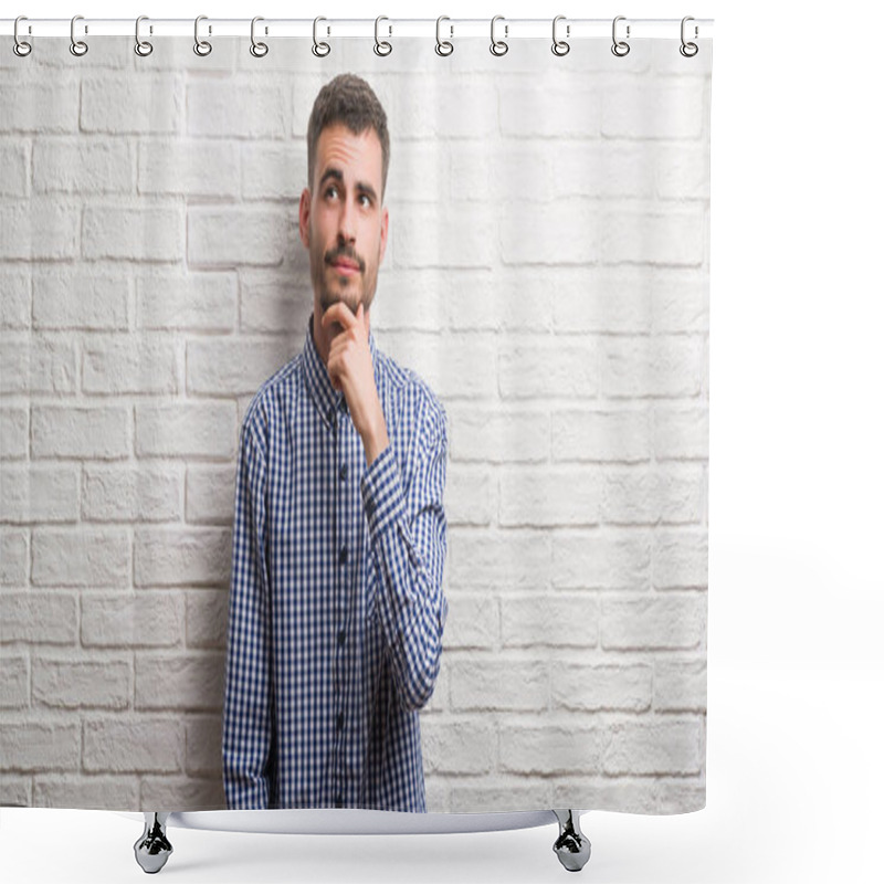 Personality  Young Adult Man Standing Over White Brick Wall Serious Face Thinking About Question, Very Confused Idea Shower Curtains