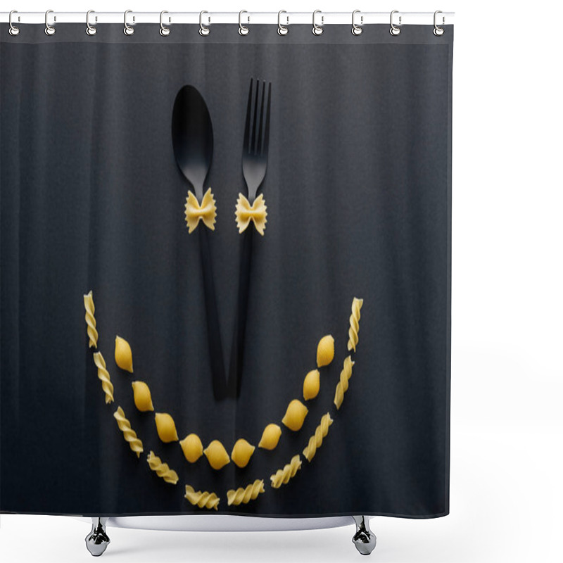 Personality  Uncooked Farfalle Pasta On Plastic Spoon And Fork Near Shells Macaroni And Rotini Pasta Isolated On Black Shower Curtains