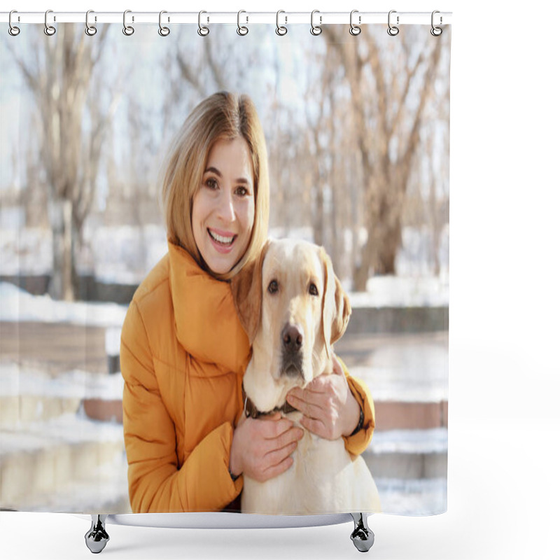 Personality  Woman Hugging Cute Dog Outdoors On Winter Day. Friendship Between Pet And Owner Shower Curtains