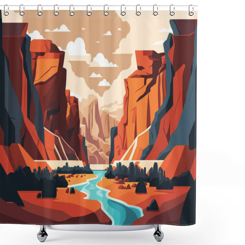 Personality  Canyon With A River Running Through It. Vector Illustration In Flat Style Shower Curtains