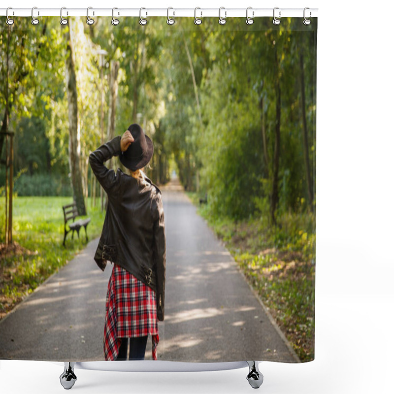 Personality  Young Caucasian Girl Travels In A Hat And Jacket Walks The Forest Shower Curtains