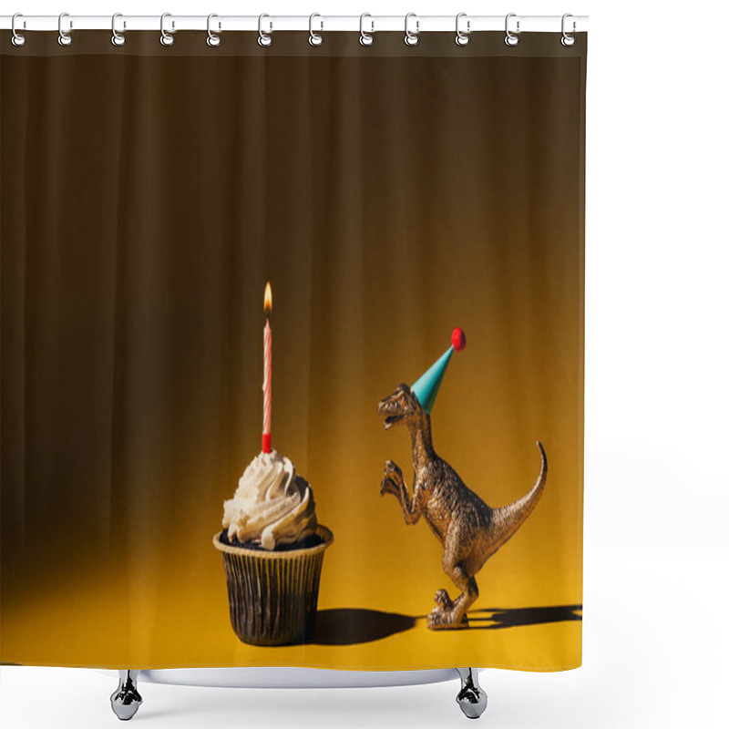 Personality  Toy Dinosaur In Party Cap Beside Cupcake With Burning Candle On Brown Background Shower Curtains