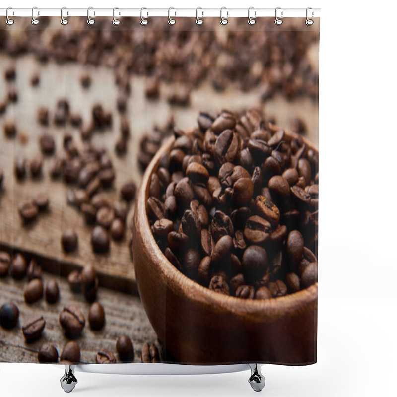 Personality  Close Up View Of Roasted Coffee Beans In Bowl On Wooden Board Shower Curtains