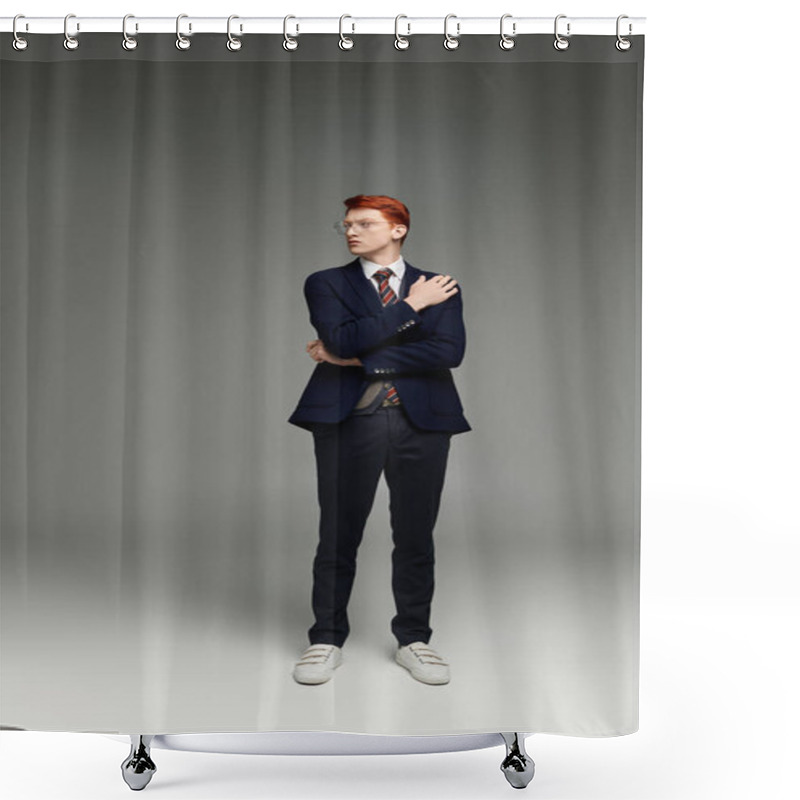 Personality  A Young Student With Vibrant Red Hair Showcases His Elegant Winter Fashion In A Modern Studio Ambiance. Shower Curtains