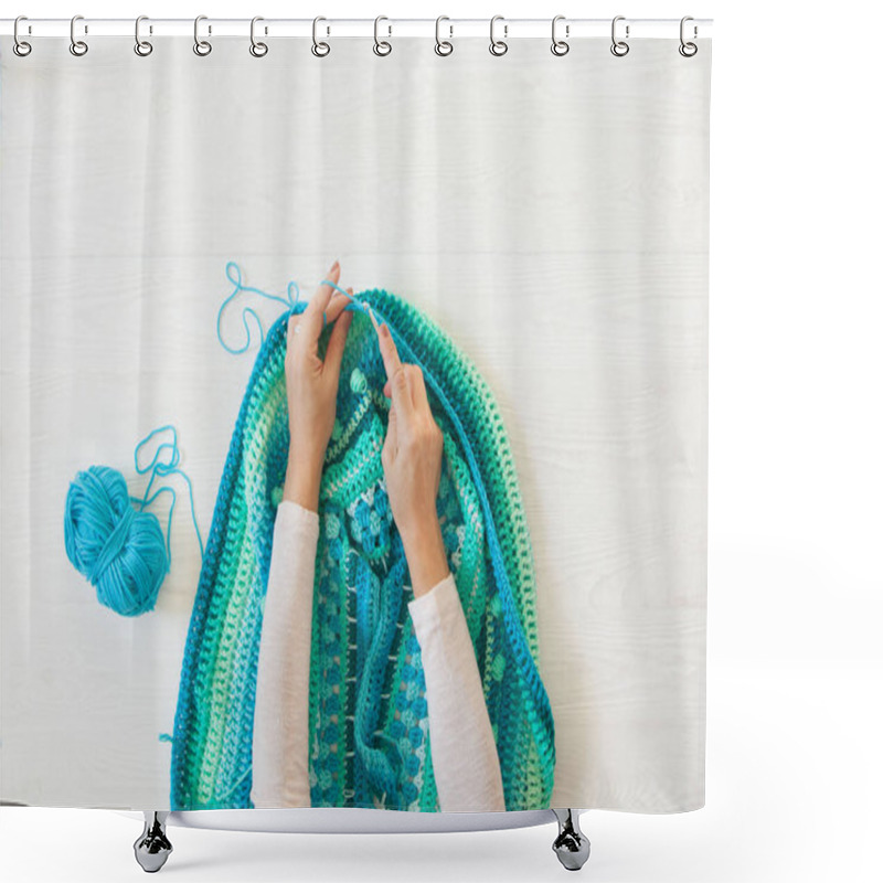 Personality  Women's Hands Are Large. Woman Crochets. Yarn Of Green, Turquois Shower Curtains