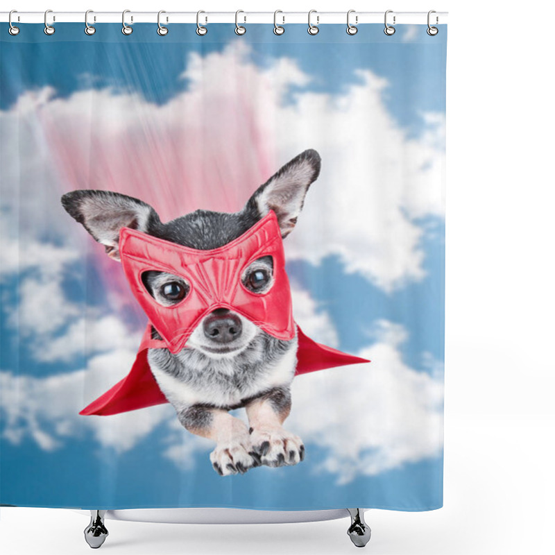 Personality  Cute Chihuahua In A Super Hero Costume Flying Through The Sky Shower Curtains